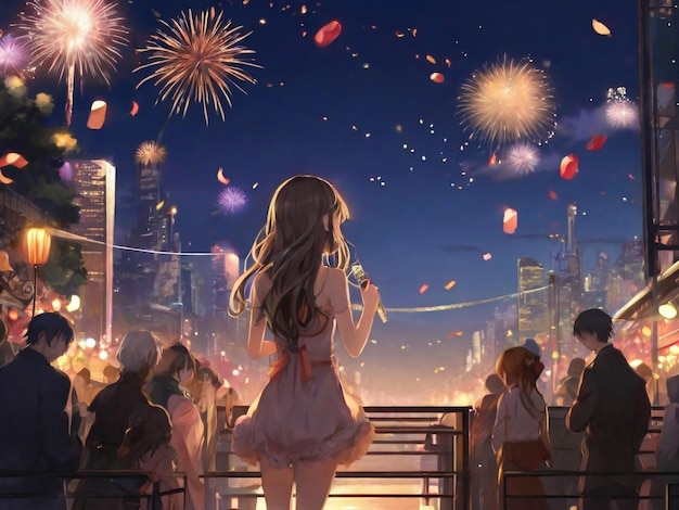 Anime-Paar genießt schöne Stadthimmel digitale Kunst Malerei Anime-Kunst Grafiken Hintergründe Anime-Figuren Anime-Wallpaper Cartoon-Paar Fantasie