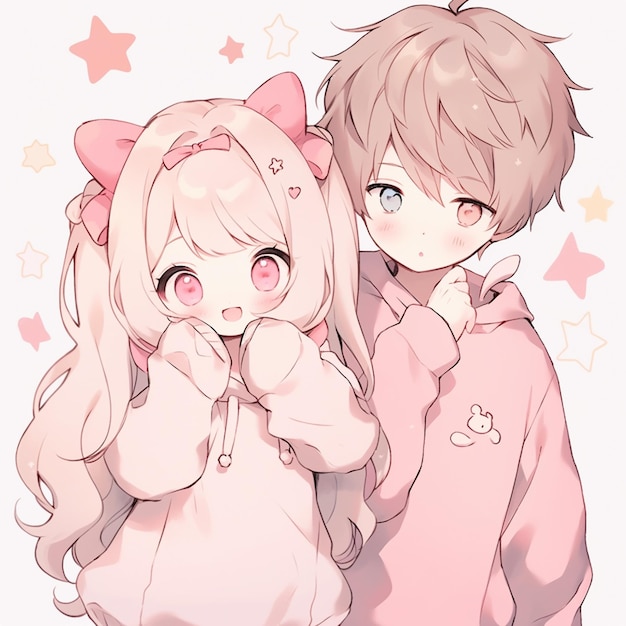 Anime-Paar in rosa Kapuzen, das für ein Bild posiert