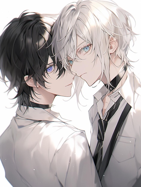 Anime-Paar küsst sich vor weißem Hintergrund mit generativer KI mit blauen Augen
