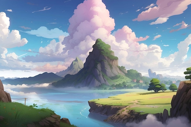 Anime paisaje colorido con montañas y río