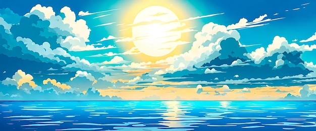 Anime paisaje sereno del océano con un gran sol en el cielo en formato de bandera