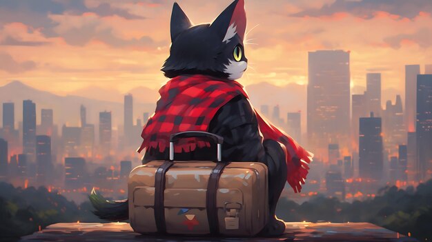 Anime pequeño gato y perro dúo aventura con fondo de ciudad apocalíptica