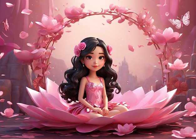 Anime Prinzessin mit rosa Kleid im Wald und Blume