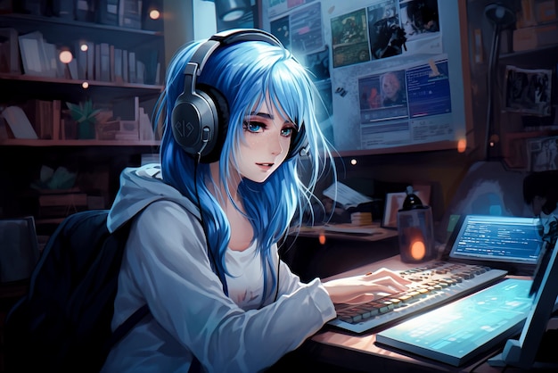 Anime Retrato de una mujer joven y bonita con cabello azul que usa audífonos y usa una computadora portátil IA generativa