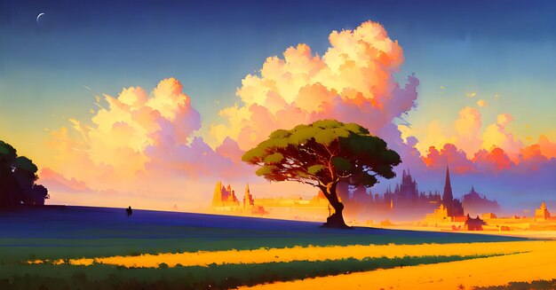 Anime retrô Pintura digital de paisagem Arte de parede IA generativa