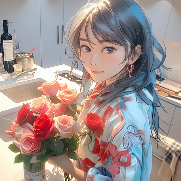 Anime segurando flores