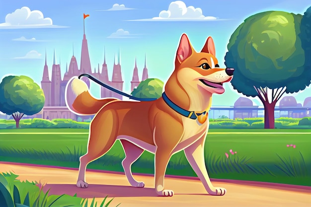 Anime shiba inu andando no parque Generative AI