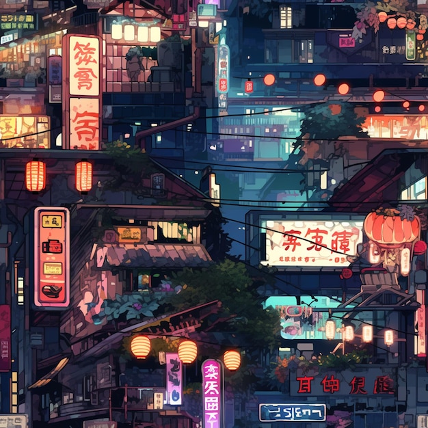 Anime-Stadt mit Neonschildern und Gebäuden in der Nacht generative ai