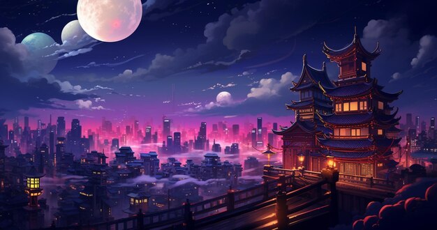 Anime-Stadt mit Vollmond und Vollmond am Himmel generativ ai