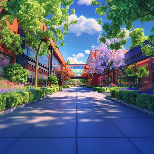 Anime-Stil Bild einer Straße mit Bäumen und Sträuchern im Vordergrund generative ai