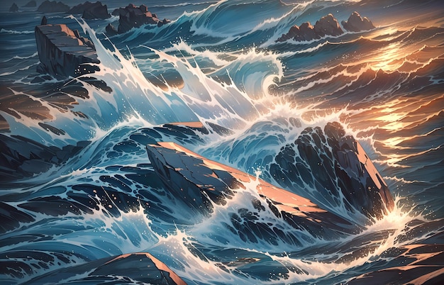 Anime-Stil, ein Gemälde von Felsen, gegen die Wellen schlagen