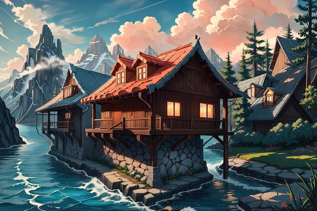 Anime-Stil, ein Haus am Wasser mit Berghintergrund