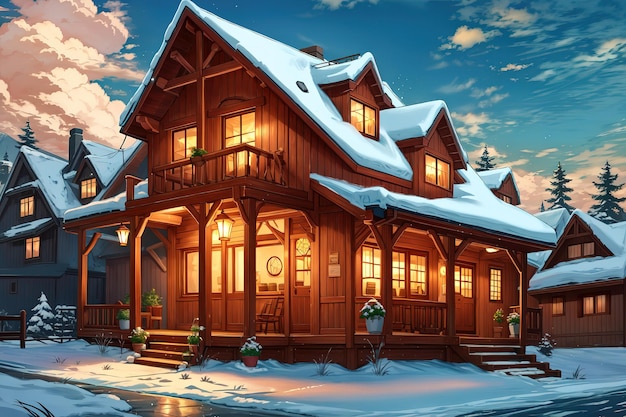 Anime-Stil, ein Haus mit einer Veranda und einer Veranda mit Lichtern auf dem Dach
