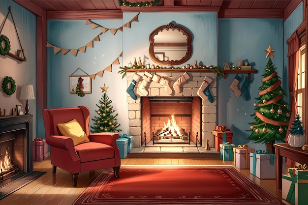 Anime-Stil, ein Wohnzimmer mit Kamin und einem Weihnachtsbaum in der Ecke