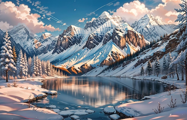Anime-Stil eine verschneite Berglandschaft mit Bergen und einem blauen See