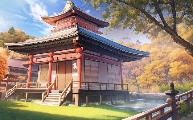 Anime-Stil Herbst japanischer Tempel chinesischer Tempel alte Landschaft Herbst Ahorn Kultur generative KI
