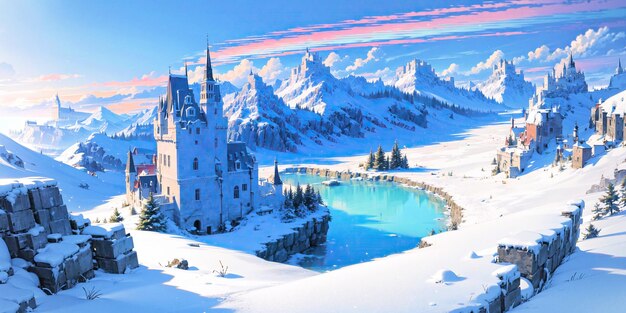 Anime-Stil-Hintergrund Landschaft Regenbogen Schnee Winter kalt weiß blauer Himmel Himmel Schloss Eis Reisen ai