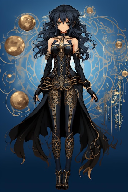 Anime-Stil Illustration einer Frau in einem schwarzen Kleid mit einem goldenen und schwarzen Design generative ai