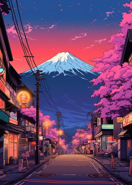 Anime-Stil-Illustration einer Straße mit einem Berg im Hintergrund generative ai