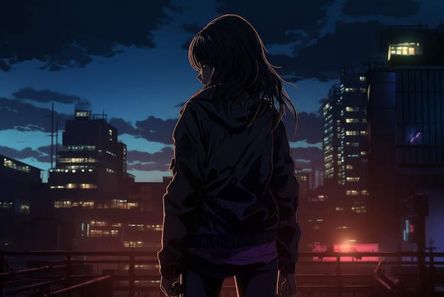 Anime-Stil junge Frau in der Nacht der Stadt dunkler Hintergrund Comic-Stil generiert von KI