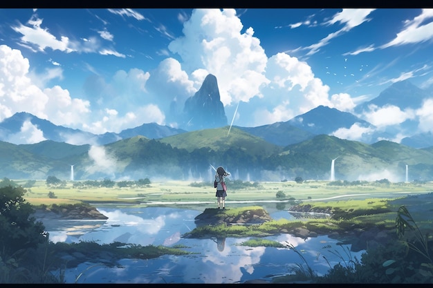 Anime-Szene einer Frau, die auf einem Felsen steht und einen Berg überblickt