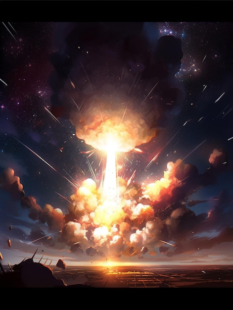 Anime-Szene einer riesigen Explosion aus Licht und Rauch erzeugender KI