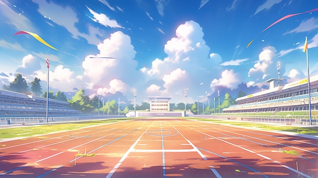 Anime-Szene einer Strecke, die durch ein Stadion läuft, mit einem Himmel als Hintergrund