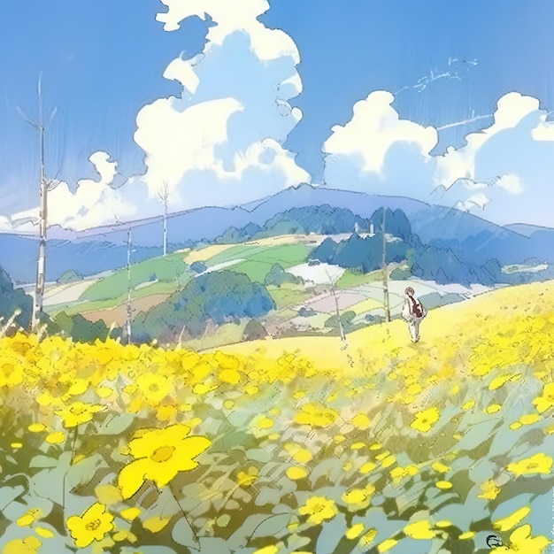 Anime-Szene eines Feldes mit gelben Blumen mit einer Person, die in der Ferne geht
