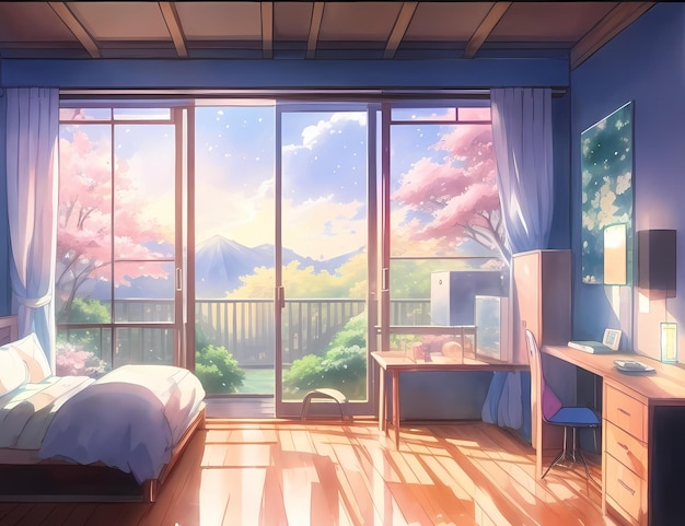 Anime-Szene eines Hauszimmers mit einem großen Fenster mit Blick auf die Berge