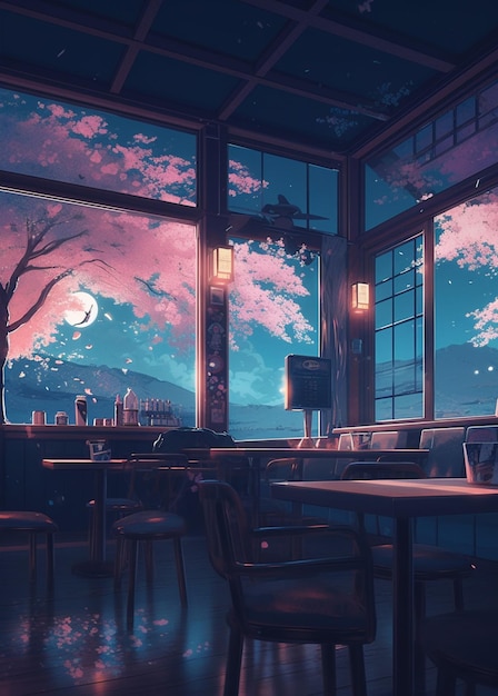 Anime-Szene eines Restaurants mit Blick auf die Stadt generative ai