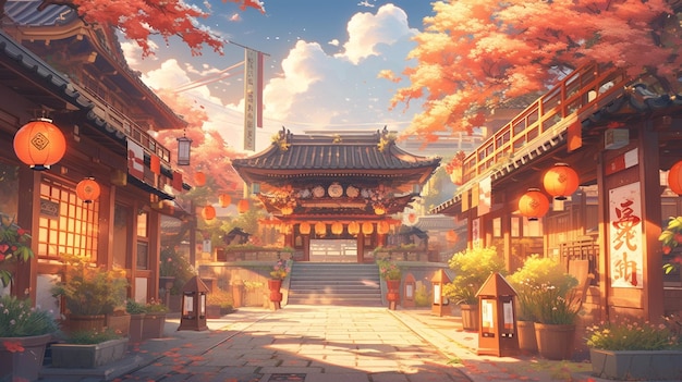 Anime-Szenerie einer Straße mit einer Pagode und Laternen generative ai