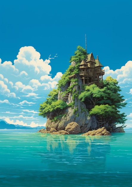 Anime-Szenerie eines Hauses auf einer kleinen Insel mitten im Ozean, generative KI