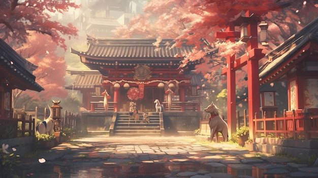 Anime-Szenerie eines japanischen Tempels mit einem Pferd und einem Mann generative ai