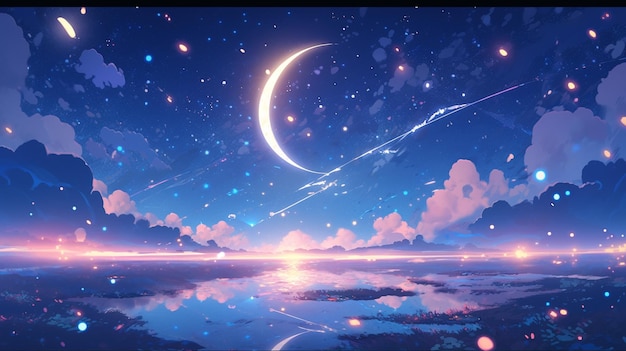 Anime-Szenerie eines Nachthimmels mit einem Halbmond und Sternen, generative KI