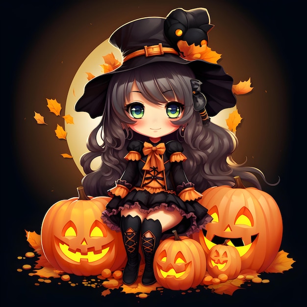 Anime traje de Halloween menina bonita com uma abóbora