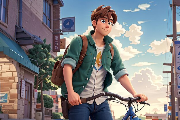 Anime-trauriger Junge, der mit einem Fahrrad steht und die Natur, das Stadtbild und den Desktop-Hintergrund einer Stadt betrachtet