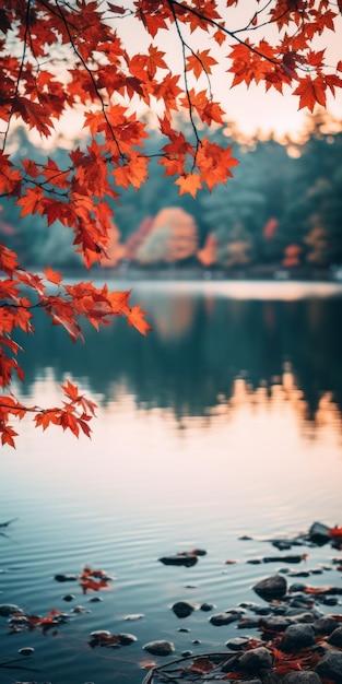 Anime vibrante estética de color rojo hojas de otoño en el agua