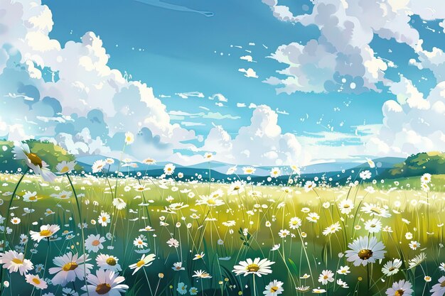 Foto anime von wunderschönen feldwiesenblumen, kamille mit naturlandschaft als hintergrund