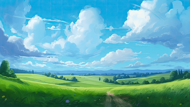 Animestyle-Kunstwerke mit ruhigen pastoralen Szenen, Feldern, Wolken und Schotterwegen erwecken sich in reich detaillierten Ai-Generationen.