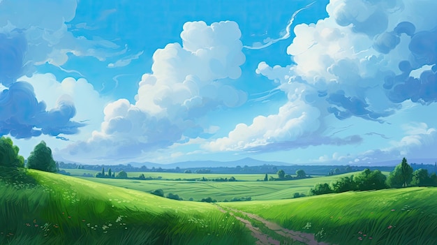 Animestyle-Kunstwerke mit ruhigen pastoralen Szenen, Feldern, Wolken und Schotterwegen erwecken sich in reich detaillierten Ai-Generationen.