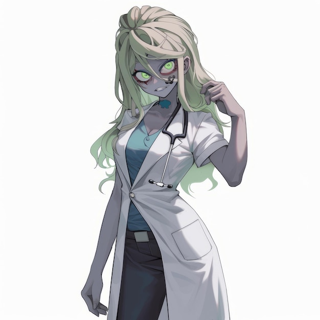Animestyle Mujer Doctor Zombie Carácter sobre fondo blanco IA generativa
