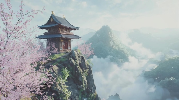 Animestyle-Szene eines mystischen Schreins auf einem Berggipfel, umgeben von Nebel und Kirschblüten