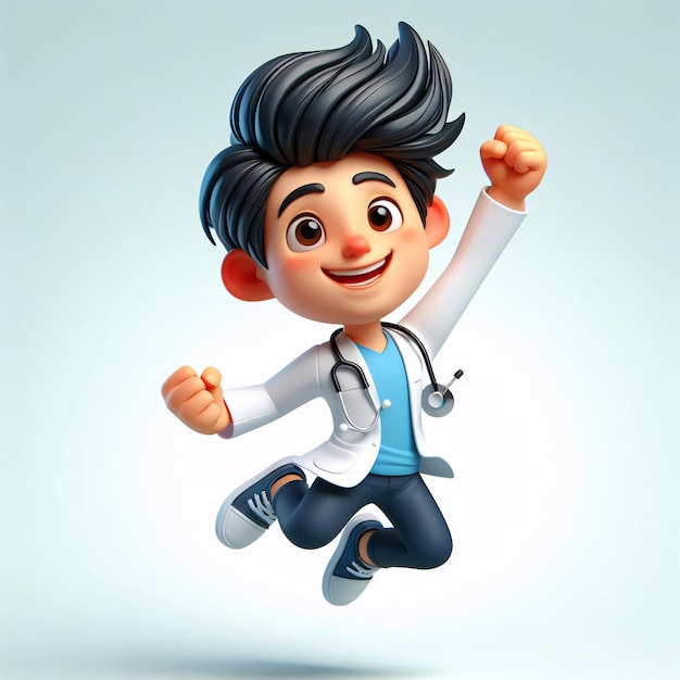 Animierte 3D-Arzt springt glücklich Cartoon-Animation lebendige Farben übertriebene Merkmale