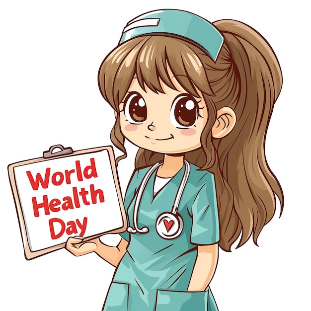 Animierte fröhliche Krankenschwester feiert den Weltgesundheitstag Schlüsselwörter