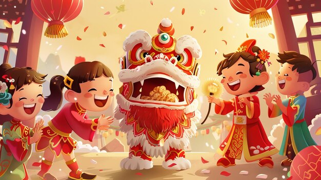 Animierte Illustration des chinesischen Neujahrs-Shoppingfestivals Löwen-Tanzkostüme und Haufen von Geschenken und Snacks Text chinesisches Neujahr-Shopping-Festival Frühling