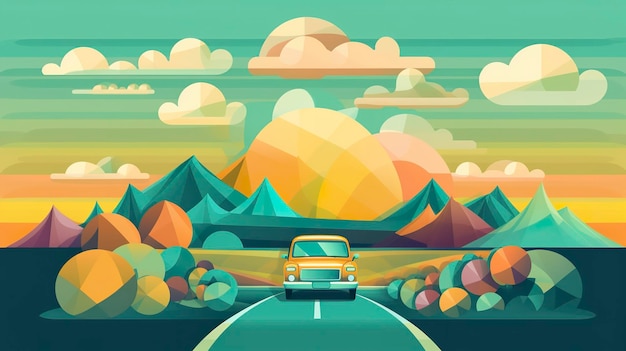 Animiertes GIF eines Autos, das durch eine hügelige Landschaft fährt, mit Gepäckbox oben in Gelb, Blau und Grün, KI-generativ