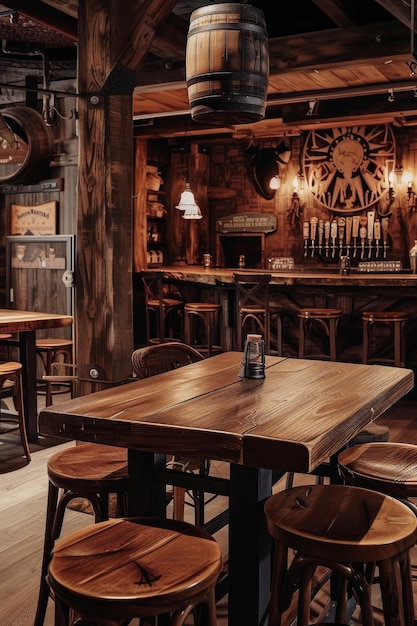 Foto aninhado em um canto de um pub de cerveja, uma robusta mesa de madeira espera os clientes em meio a barris rústicos e iluminação quente e fraca. é um instantâneo da cultura tradicional do pub, convidativo e cheio de caráter.