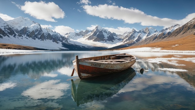 Aninhado pela natureza, um barco de madeira repousa em um lago sereno na montanha