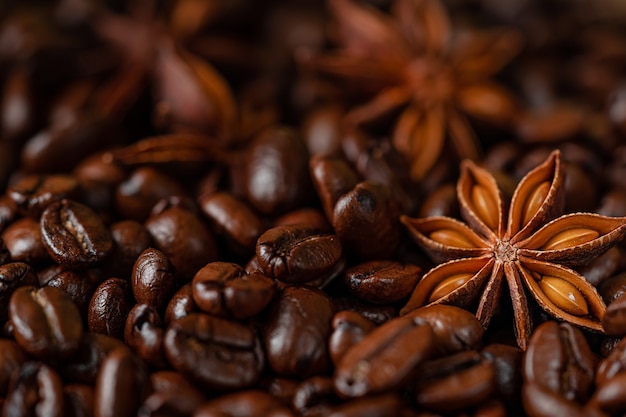 Anisstern auf dunklem Kaffeebohnenhintergrund. Platz kopieren, Nahaufnahme