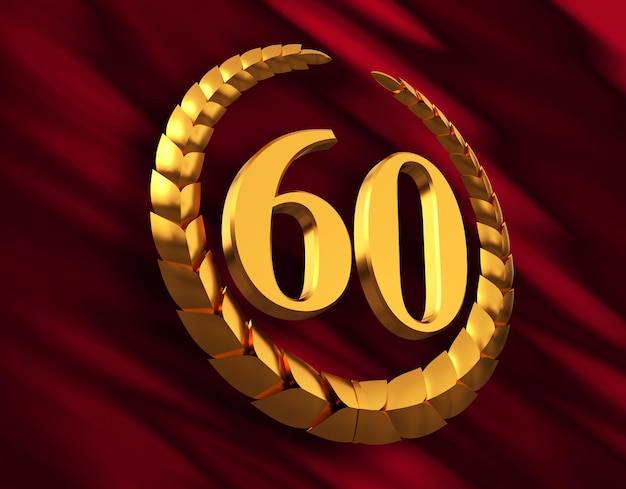 Aniversario corona de laurel dorado y número 60 en bandera roja